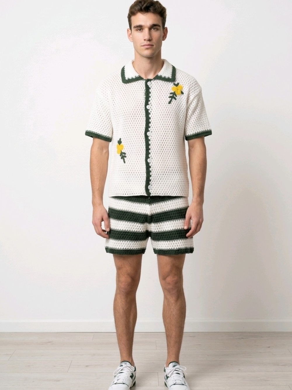 Men's White Crochet Short-Sleeve Shirt and Short Set